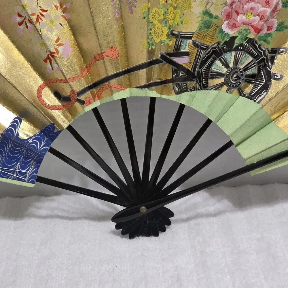 Vintage Oriental Folding Fan Floral Cart Design 19 1/2